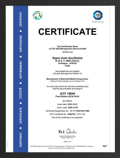IATF 16949 Certificate Certificate